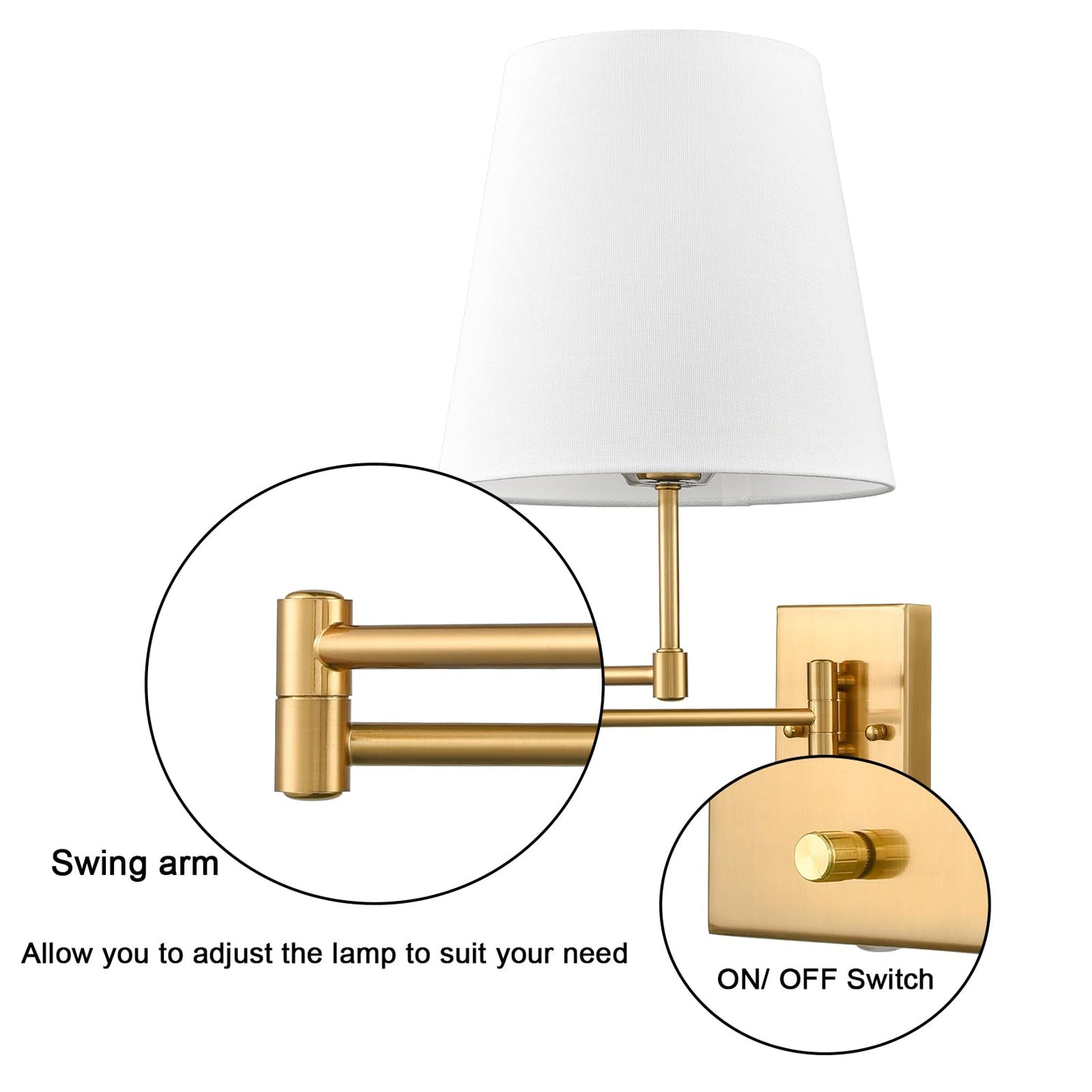 HYDELITE Gold Swing Arm Wall Lamp Brass Wall Sconces with Linen Shade | Plug-in or Hardwired Wall Light Fixtures Bedroom Bedside, House Reading