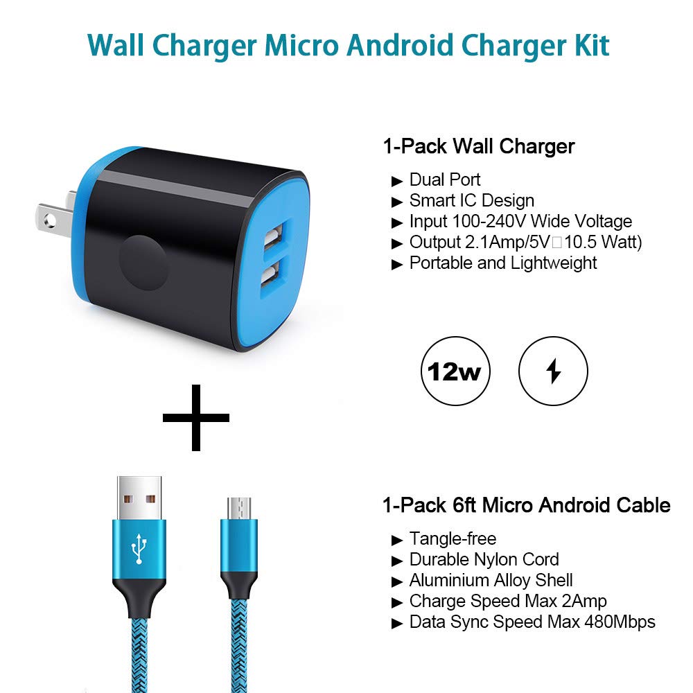 Android Charger Fast Charging Micro USB Cable, 6FT Nylon Micro Cord Wall Charger Block, AbcPow 2.1A Power Adapter with Phone Cord Compatible