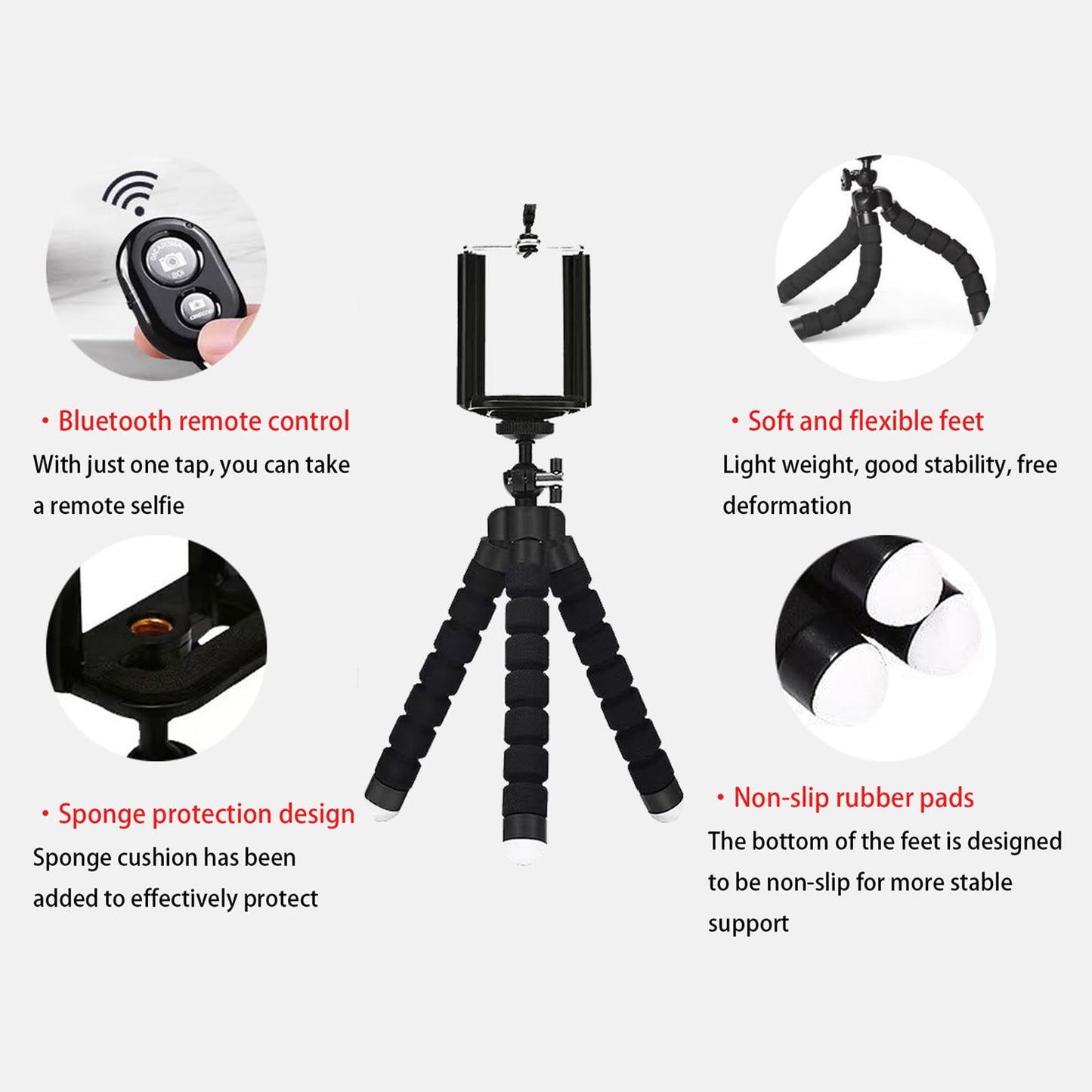 Mini Tripod,Sponge Tripod with Phone Holder Flexible Bracket with Wireless Remote and Smartphone Clamp,for Mobile Phones and Cameras