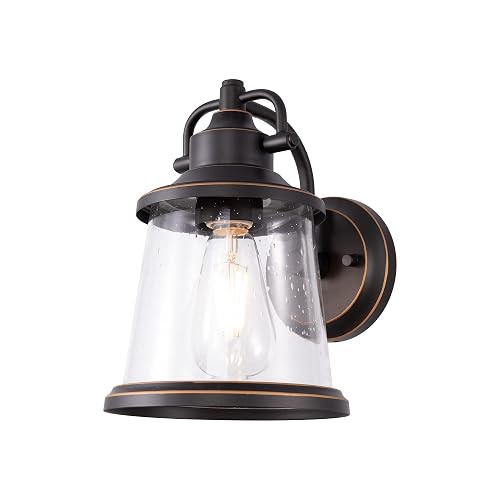 GRUENLICH Outdoor Wall Lantern, Wall Sconce as Porch Lighting Fixture, E26 Medium Base, Metal Housing Plus Seeded Glass, Oil Rubbed Bronze Finish