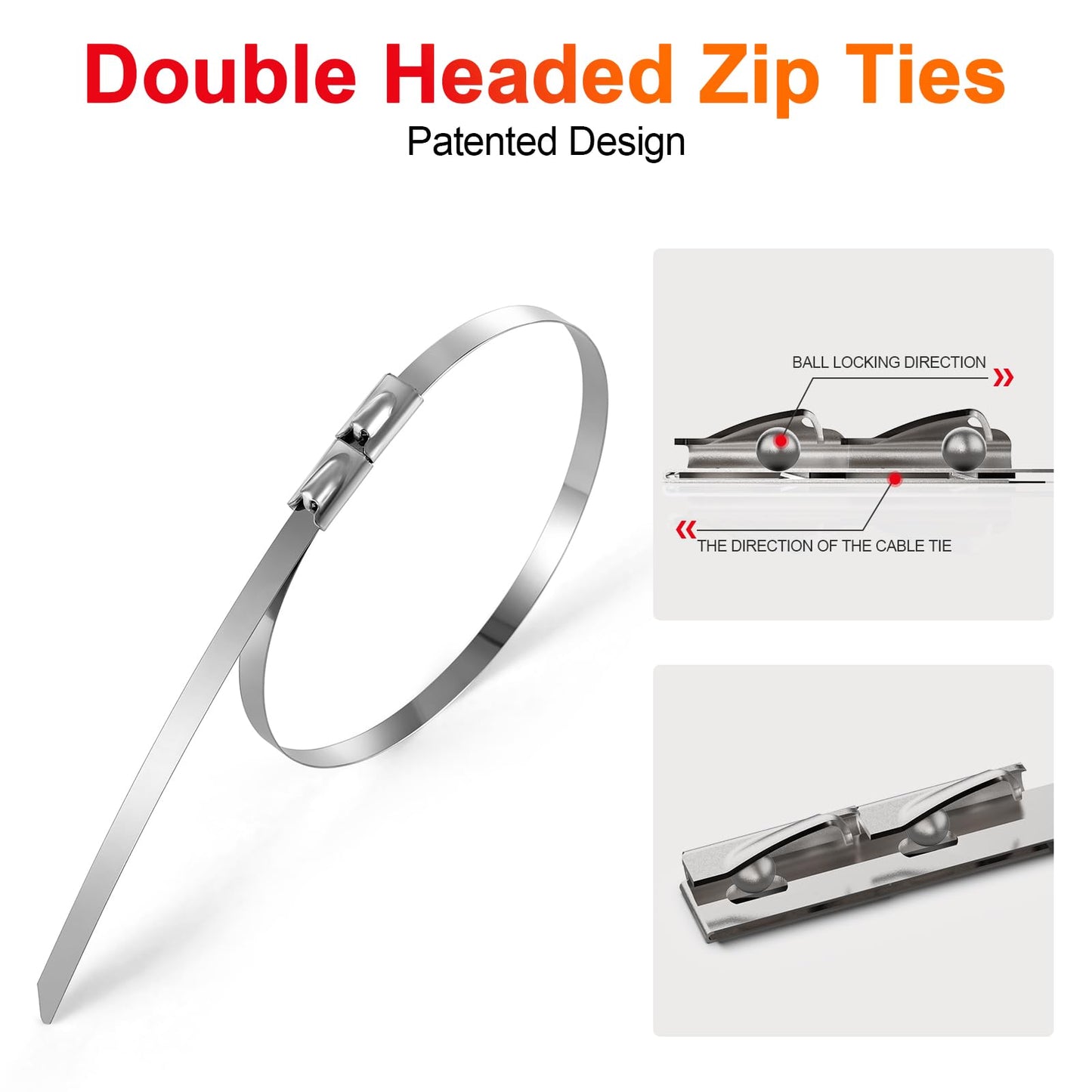 Metal Zip Ties (200PCS 11.8 Inch), 304 Stainless Steel, 300 LBS Heavy Duty Double Headed Self-locking Multi-Purpose Cable Ties for Exhaust Wrap, Chain