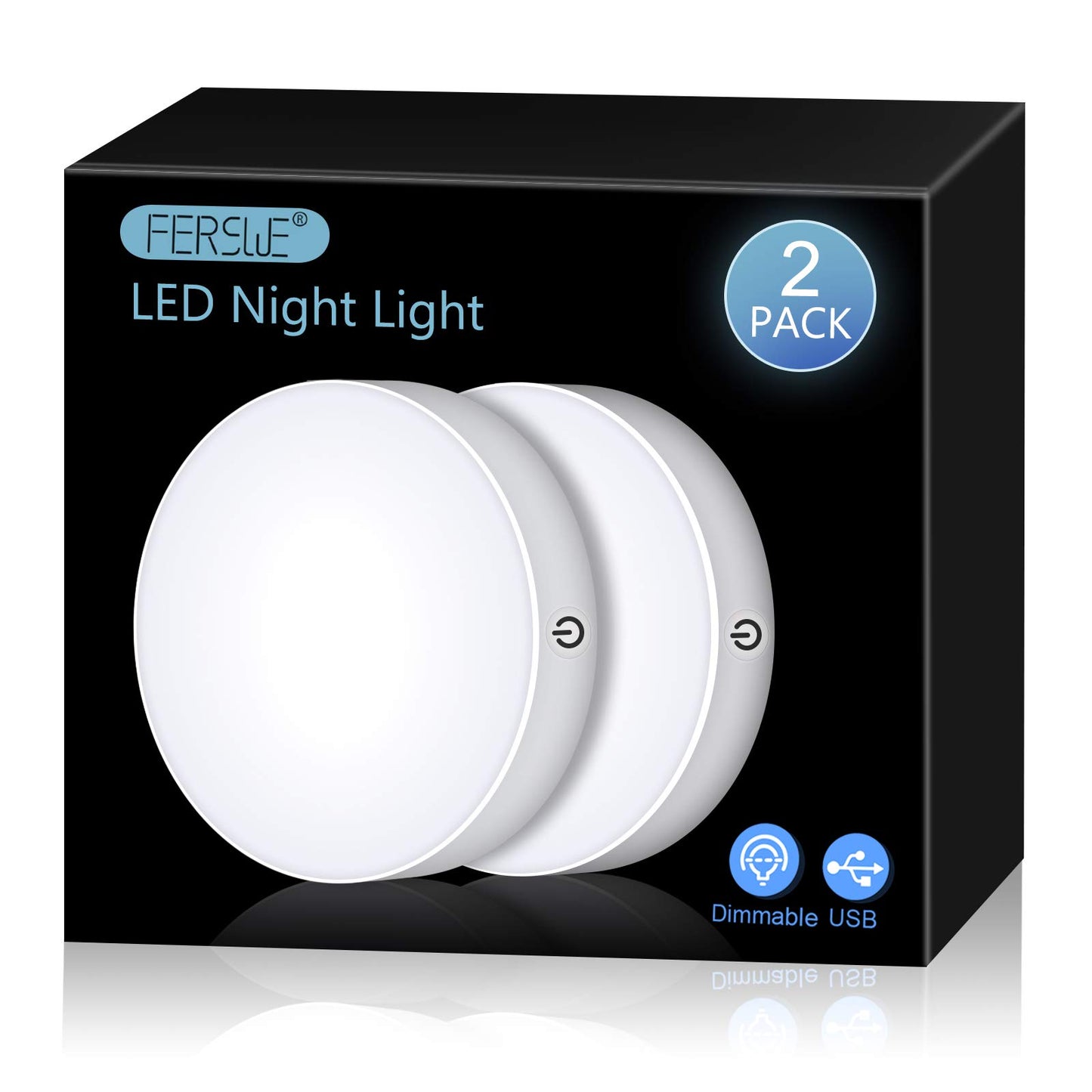 Ferswe Rechargeable Tap Lights, Dimmable Touch Night Lights with 1000mAh Large Battery, Stick on Light for Closet, Bedroom, Bathroom and Cabinet (2