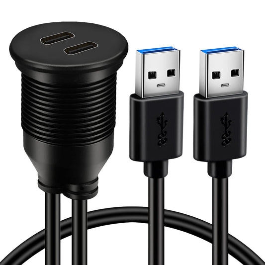 BATIGE Dual Port USB 3.0 Male to 2 Ports Type C 3.0 Female Car Flush Mount Cable USB C 3.0 Panel Mount Extension Cable for Car Truck Boat Motorcycle