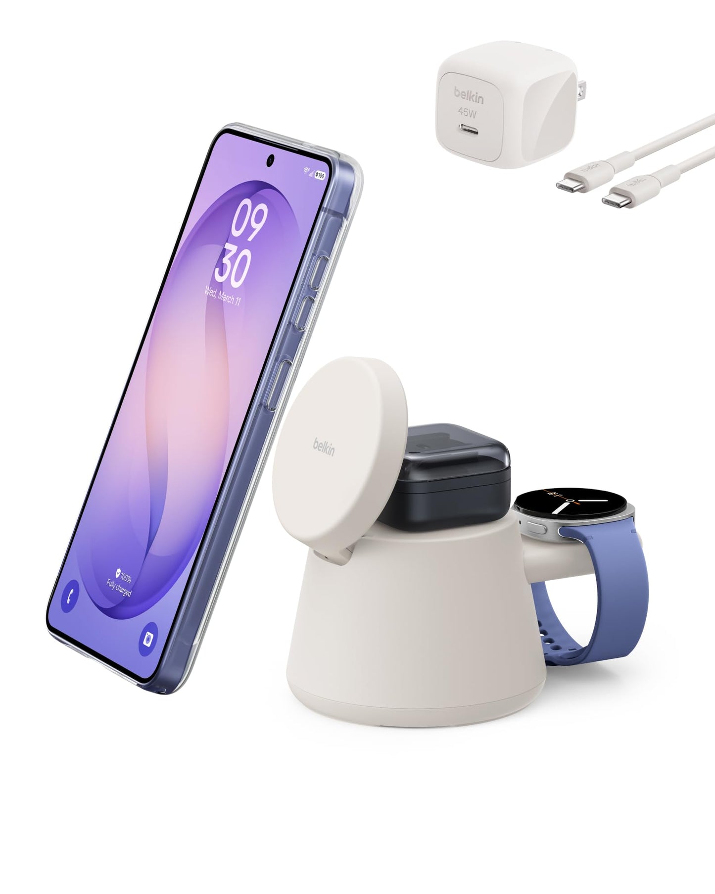 Belkin Qi2.2 25W Magnetic Wireless Charging Station, 3-in-1 Samsung Charger
