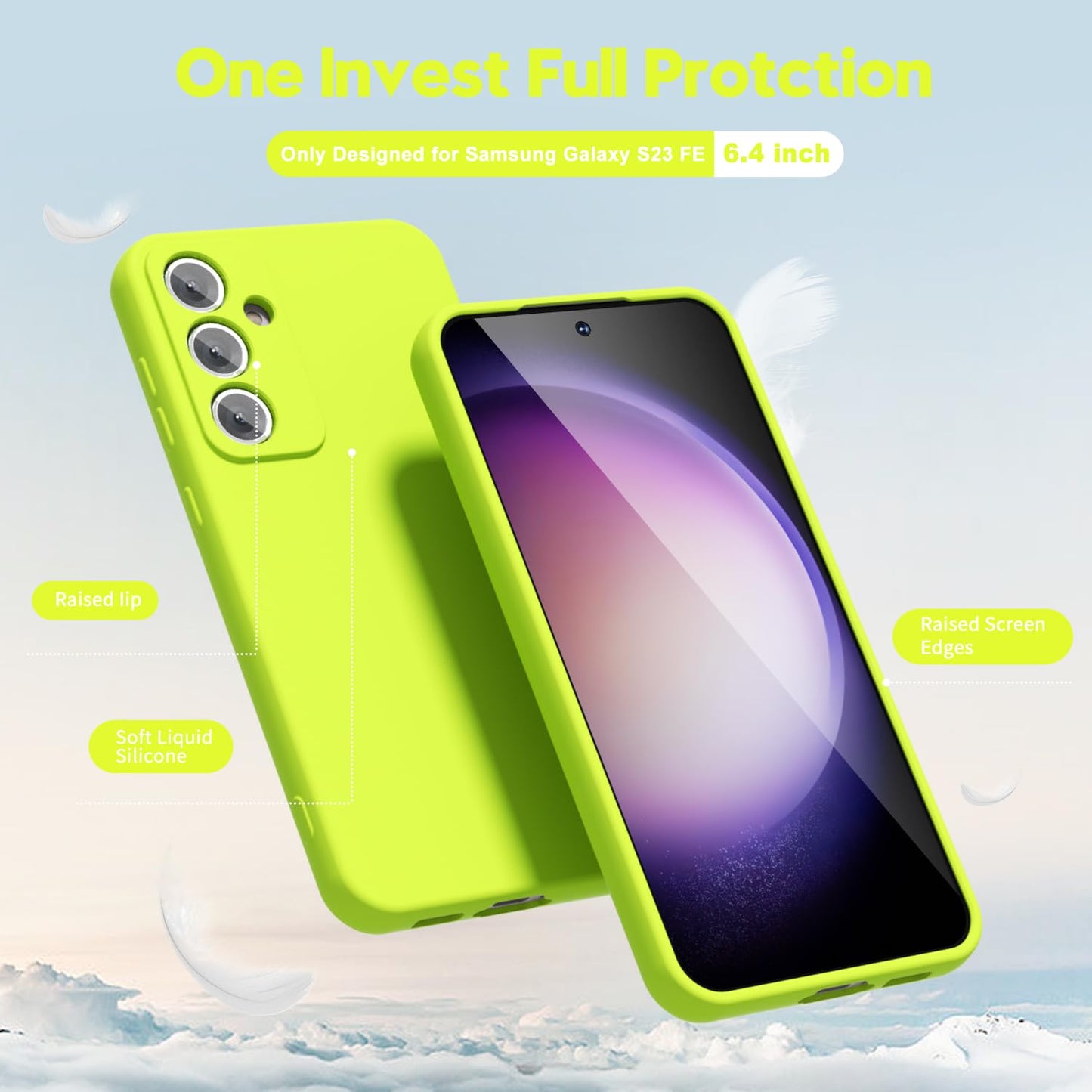 oakxco for Samsung Galaxy S23 FE Case Liquid Silicone, Neon Green Fluorescent Bright Solid Color, Cute Thin Slim Soft Rubber TPU Plain Smooth Gel