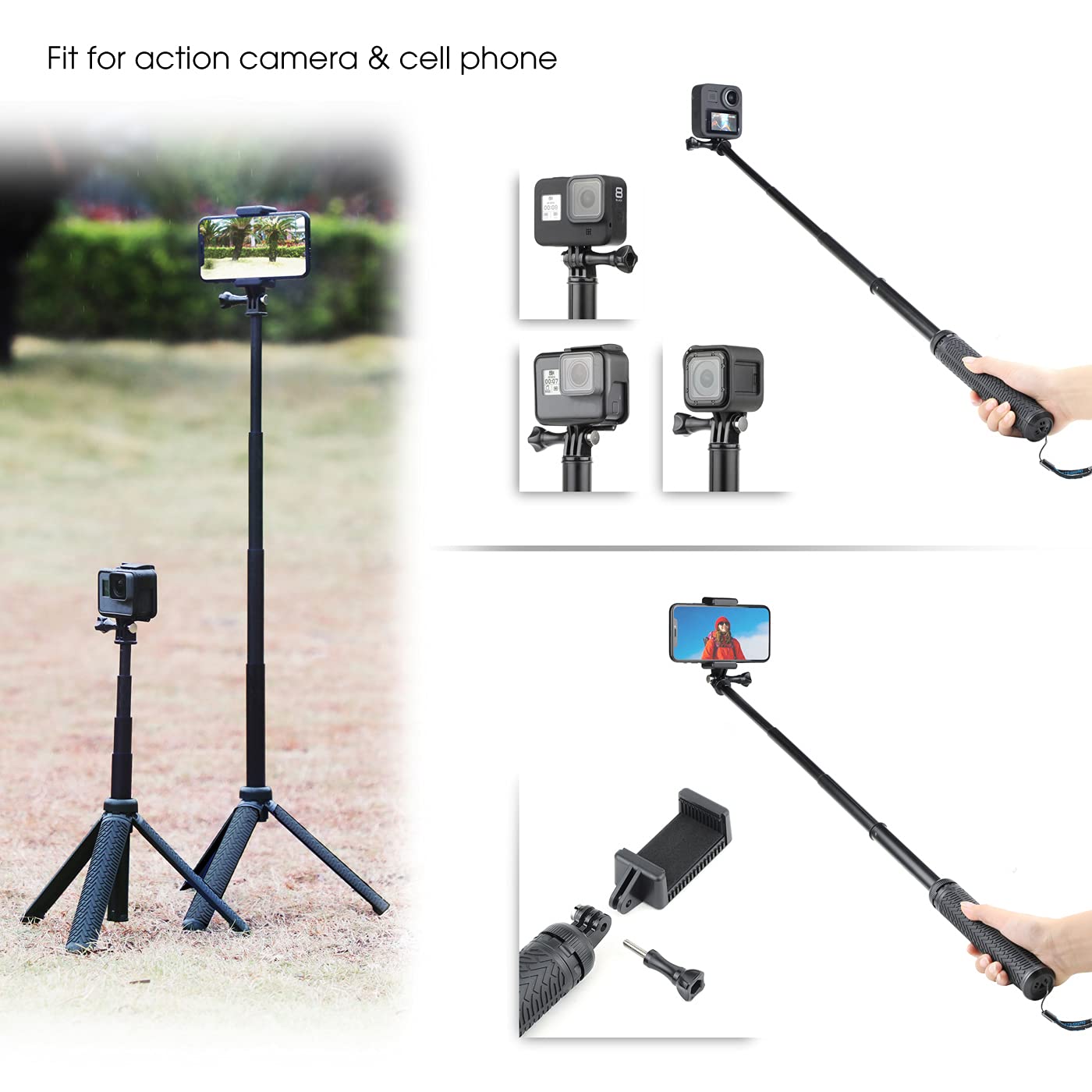 SOONSUN 3in1 Aluminum Waterproof Selfie Stick for GoPro Hero 13 12 11 10 9 8 7 6 5 4, Fusion, Max, Session, Insta360, AKASO, SJCAM, Osmo Action Camera