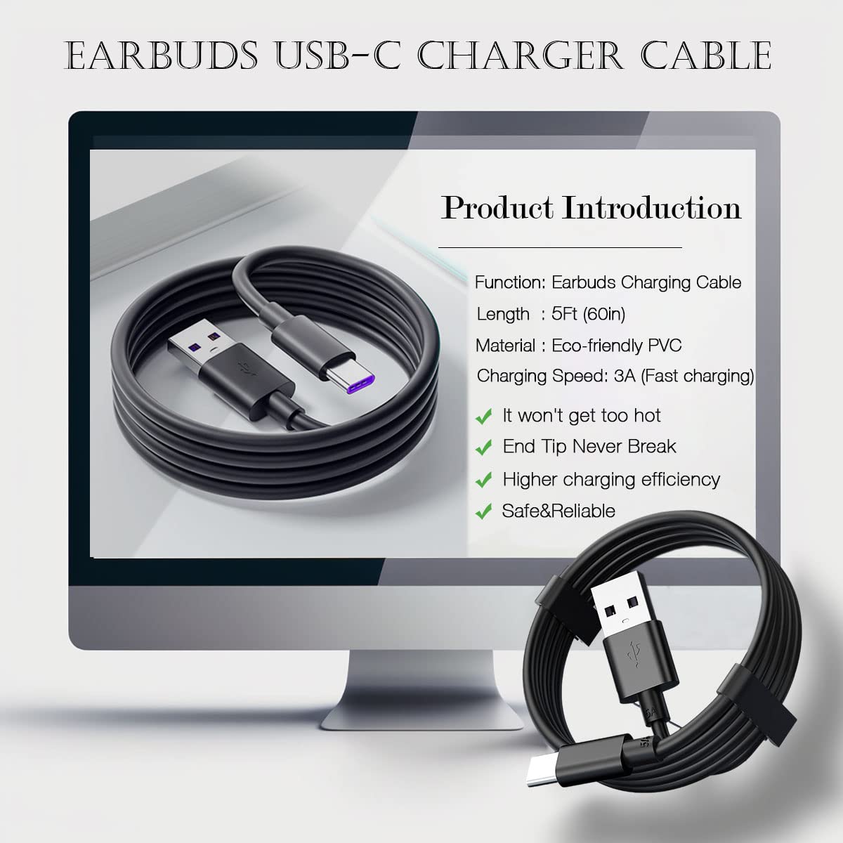 USB C Charger Cable Compatible for Samsung Galaxy Buds Pro, Buds Pro 2, Galaxy Buds 2 Pro, Galaxy Buds+, Plus, Galaxy Buds SM-R170, SM-R175, SM-R180
