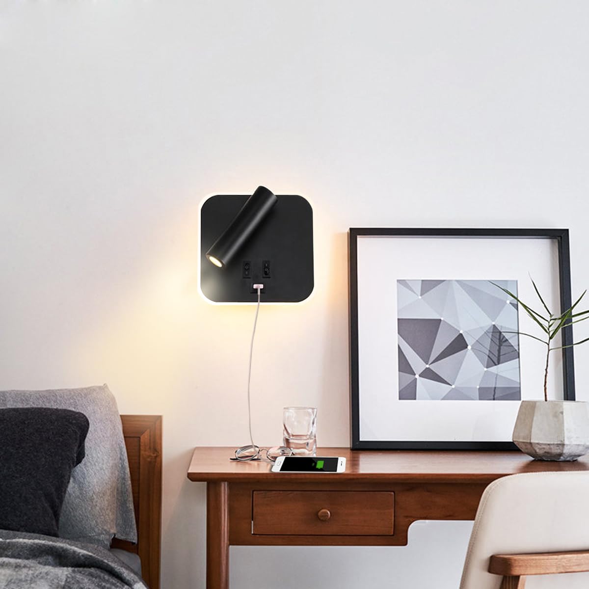 AIRTWESD USB Charging Port Wall Wash Light Black Bed LED with Interior Wall Adjustable Spotlight Reading lamp Wall lamp Bedroom Indoor Bedside Lamp