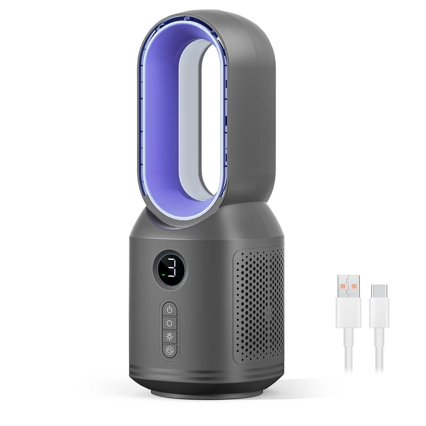 Bladeless Desk Fan, 13 Inch Quiet Oscillating with 106° Rotation, Battery Operated Portable Table Fan, 3 Speeds & Night Light, LED Display, Button