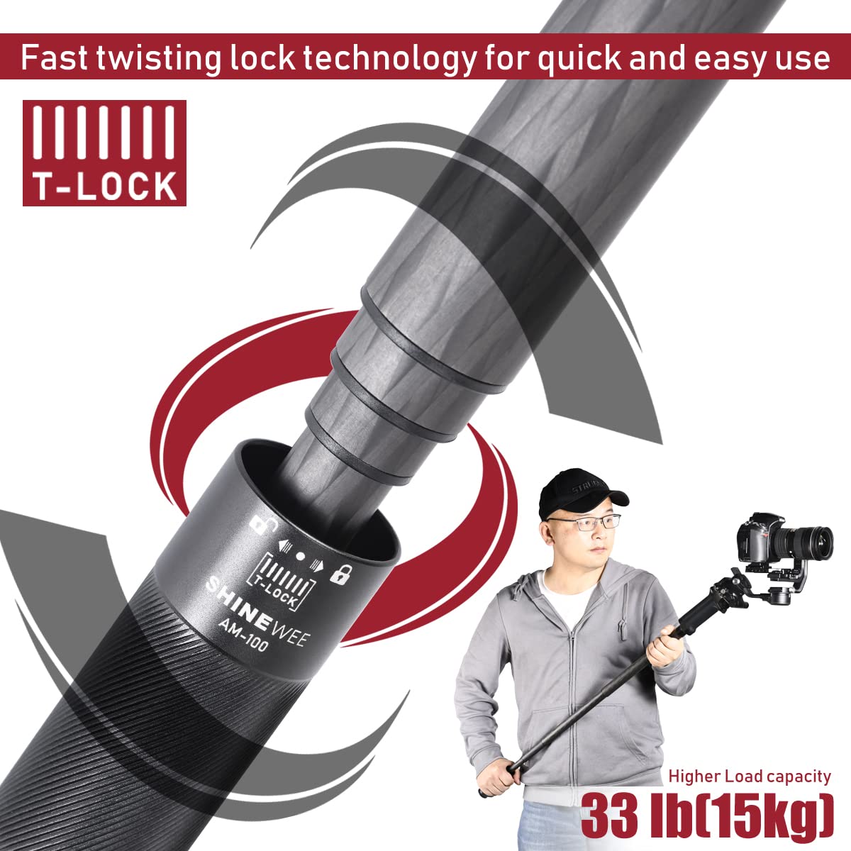 SHINEWEE Carbon Fiber Extension Pole - 4-Section Fast Twisting Lock Design | 1/4" Screw Mount for Camera, Phone, Gimbal & Stabilizer | Lightweight
