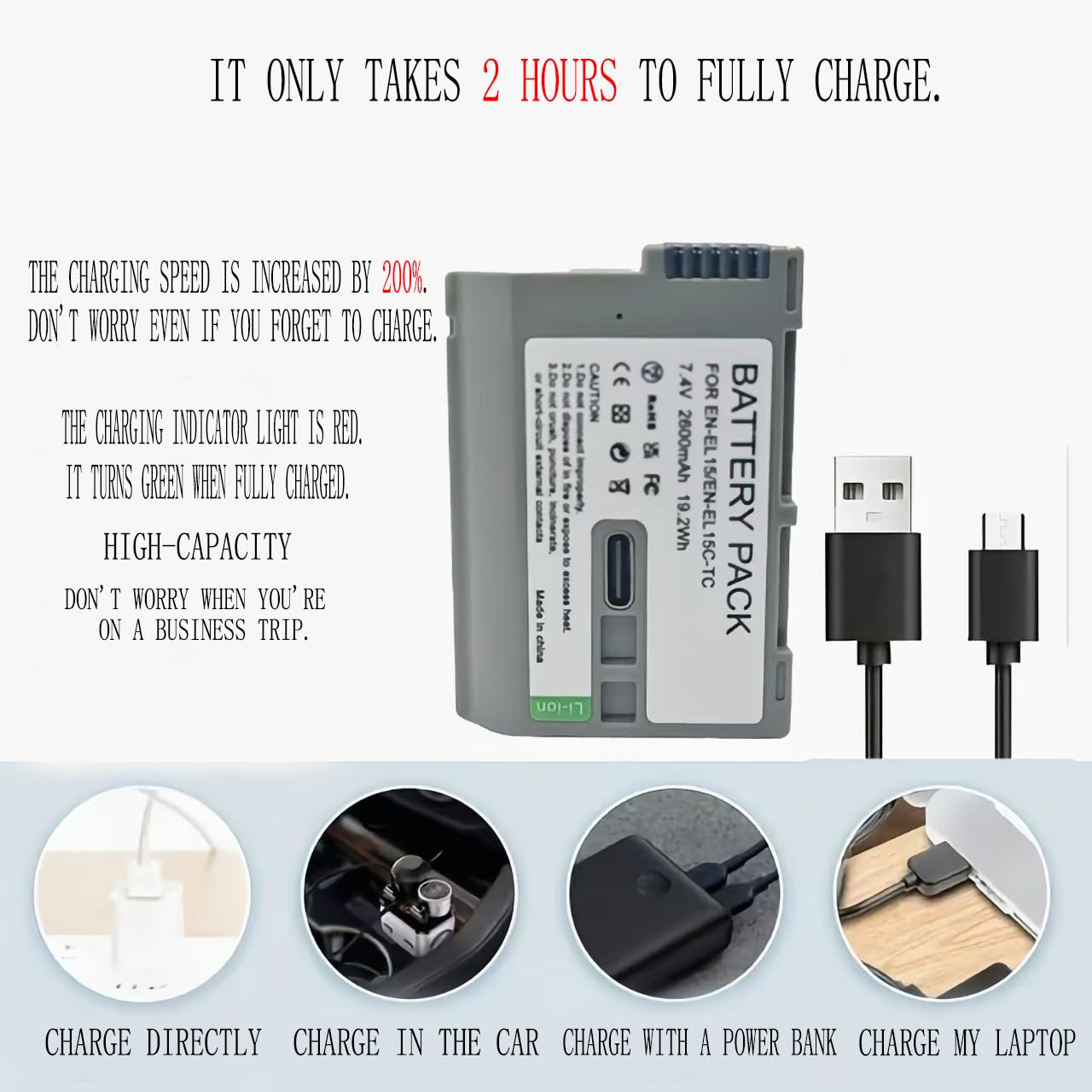 Focruzom EN-EL15C Replacement Battery with USB C Fast Charging Port for Zf / Z8 / Z7 / Z6, 2.5H Full Charged Battery for Z7 II, Z6 II, Z5, D850, D810