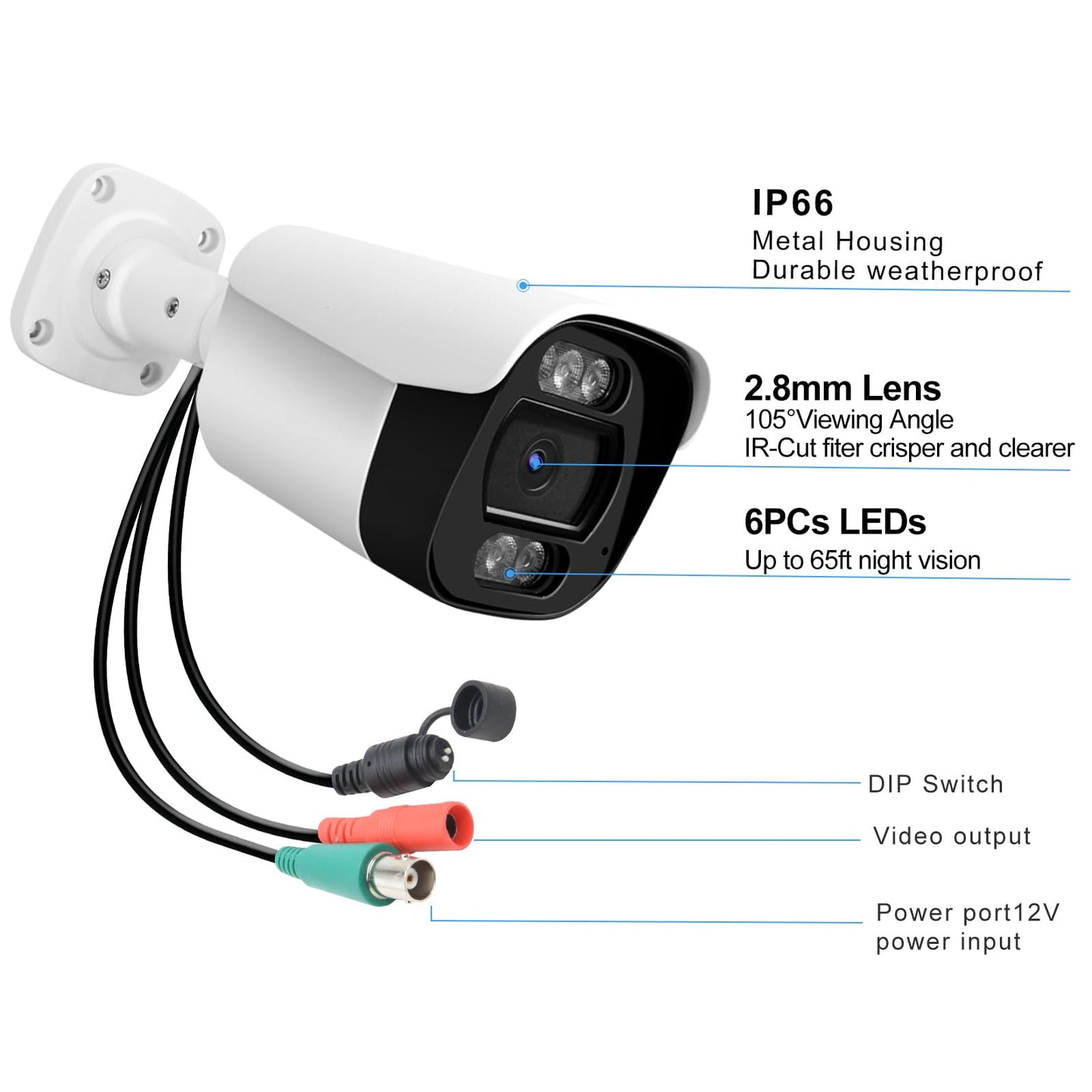 Voniviewse 1080P CCTV Camera (Hybrid 4-in-1 HD-CVI/TVI/AHD/960H Analog CVBS) Outdoor Indoor, 6pcs IR-LEDs, ICR, 2.8mm Lens, 105° Wide Angle, Full