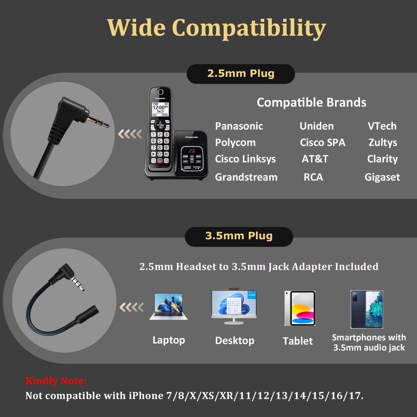 Callez 2.5mm Cordless Phone Headset with Microphone, Telephone Headphone Compatible with Uniden Panasonic VTech AT&T Cisco SPA RCA Dect Cordless