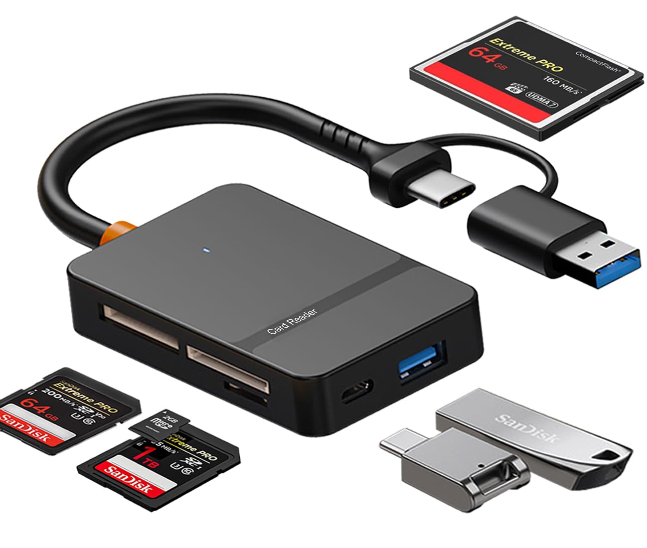 USB C USB 3.0 Dual Interface Multi Card Reader, OTG Adapter, with 4 Card Slots, USB C/A Ports, 5Gbps, 2TB Capacity, Suitable for SD MS CF TF Cards