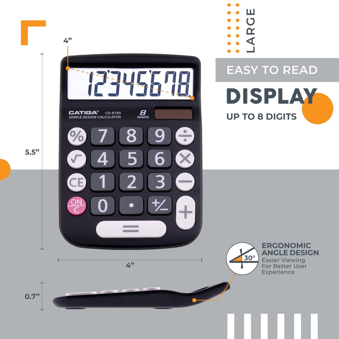 CATIGA Desktop Calculator 8 Digit with Solar Power and Easy to Read LCD Display, Big Buttons, for Home, Office, School, Class and Business, 4 Function