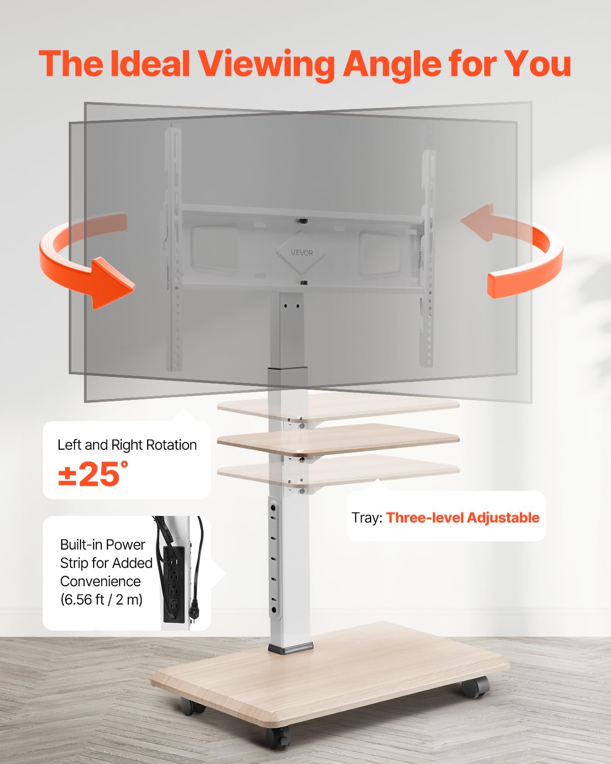 VEVOR Rolling TV Stand, Mobile TV Cart for 32-70 Inch Screens, 25° Left-Right Rotation and Height Adjustable TV Mount with Tray, Holds up to 88 lbs