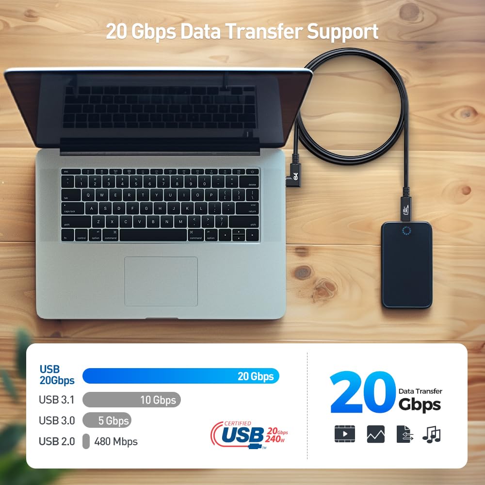 Cable Matters [USB-IF Certified] 20Gbps Right Angle USB 4 Cable 6.6ft, Supports Up to [8K@30Hz / 4K@120Hz Video, 240W Charging, 20Gbps Data Transfer]