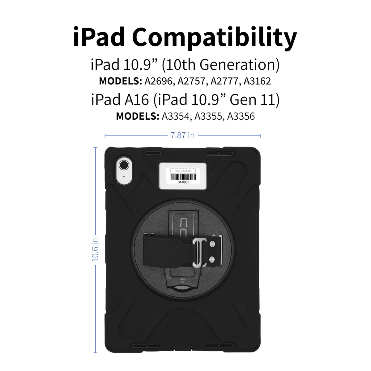 CODi Rugged iPad 11" A16 / iPad 10.9" 10th Generation Case, Asset Tag Window, Drop-Test Protective Tablet Cover with Rotating Kickstand, Silicone Hand