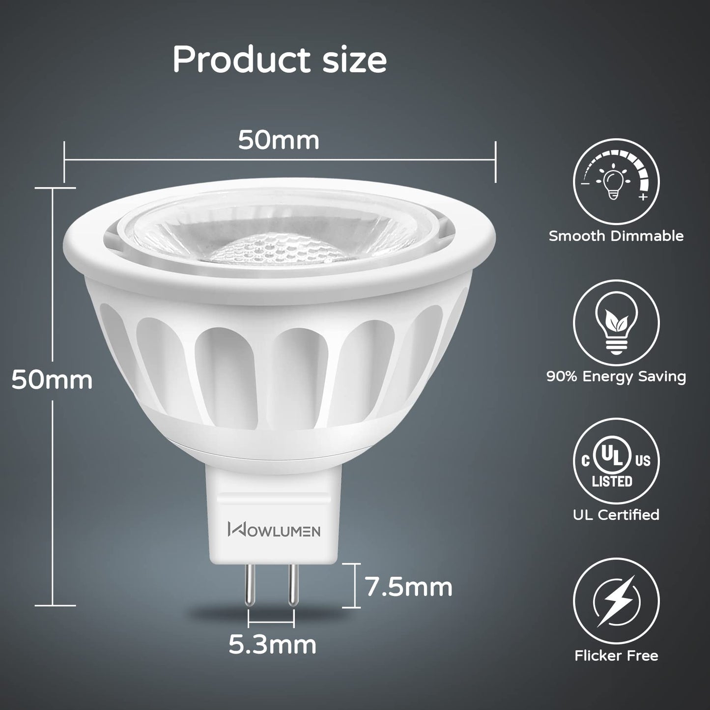 WOWLUMEN MR16 LED Bulbs Dimmable,50W Halogen Replacement, 5000K Cool White GU5.3 Bi-Pin Base,40-Degree Narrow Beam Angle,5W 12V AC DC Indoor Outdoor