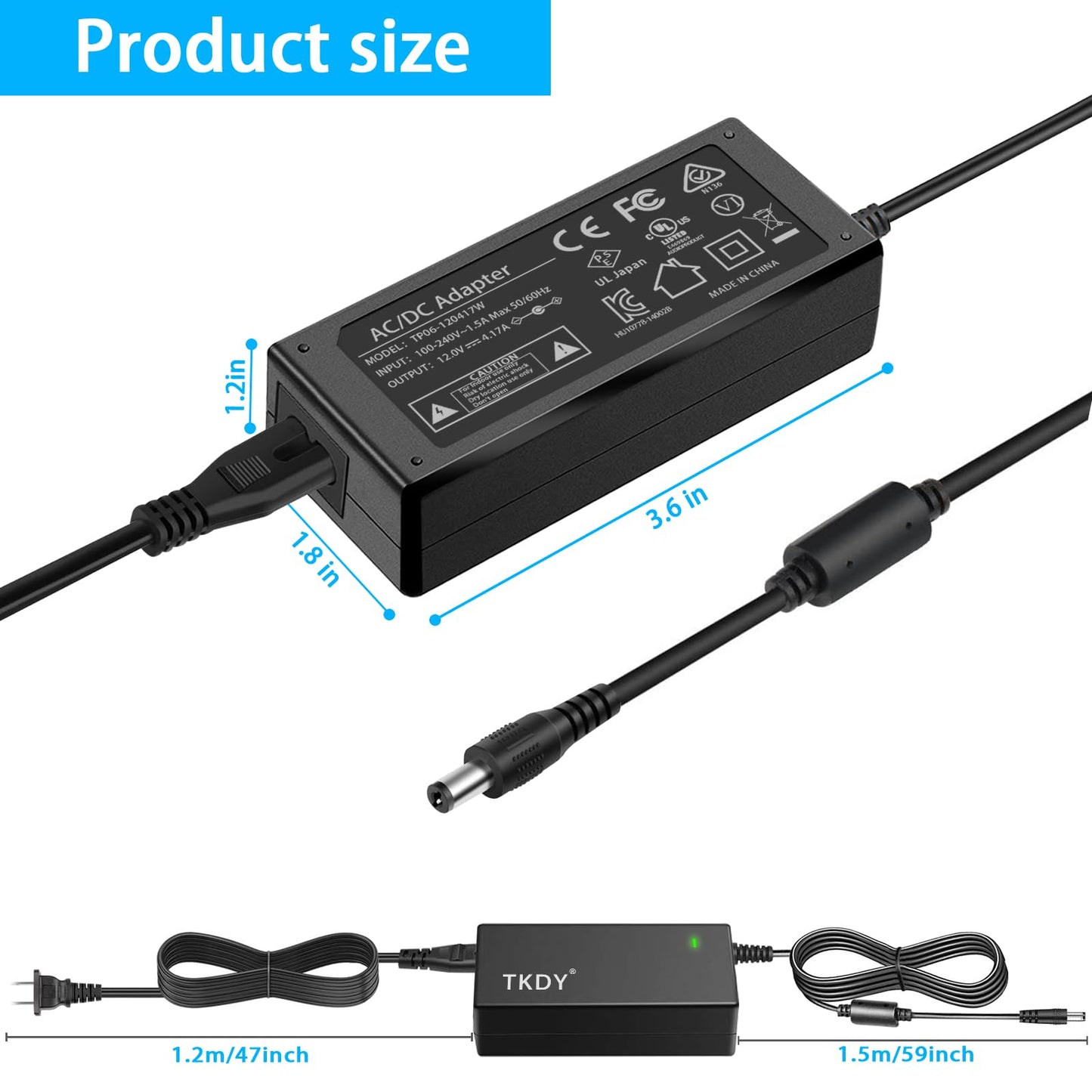 TKDY 24V 2.5A Power Supply Adapter AC 100-240V to DC 24 Volt 2.5 Amp 60W Converter, Universal Power Cord for 24V LED Light Strips, Soundbar, Printer…
