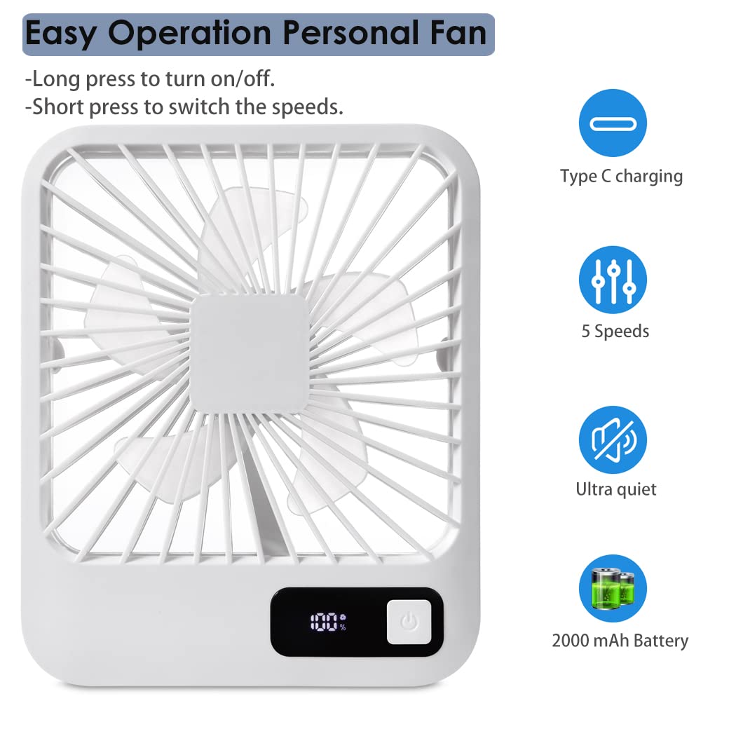 EITVLAGE Small Desk Fan, Portable USB Rechargeable Fan, Tilt Folding Personal Mini Fan with 2000mAh Battery and LCD Display, Strong Wind, Ultra Quiet