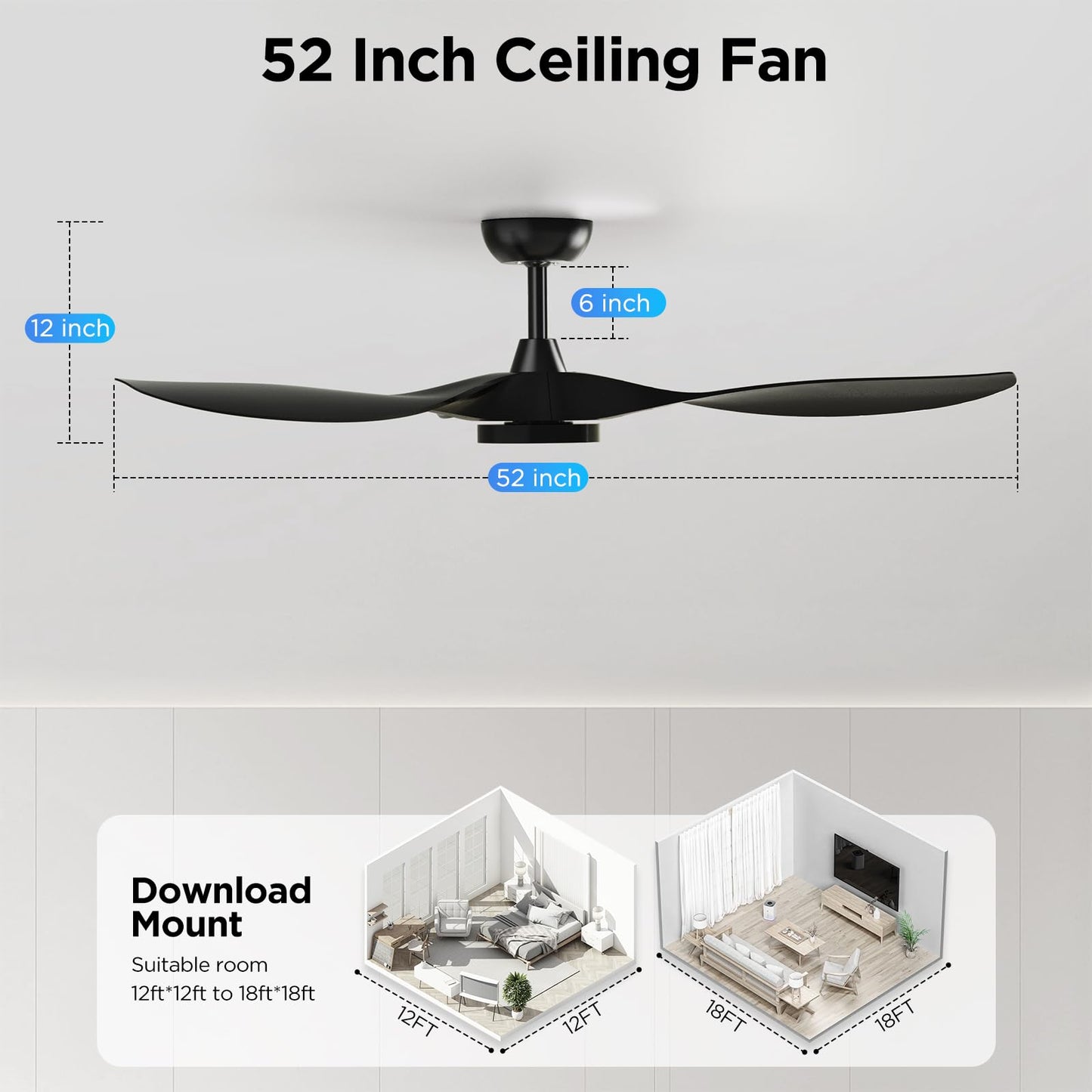 Roomratv 52'' Modern Ceiling Fan with Light, Wide Blade Design, Remote