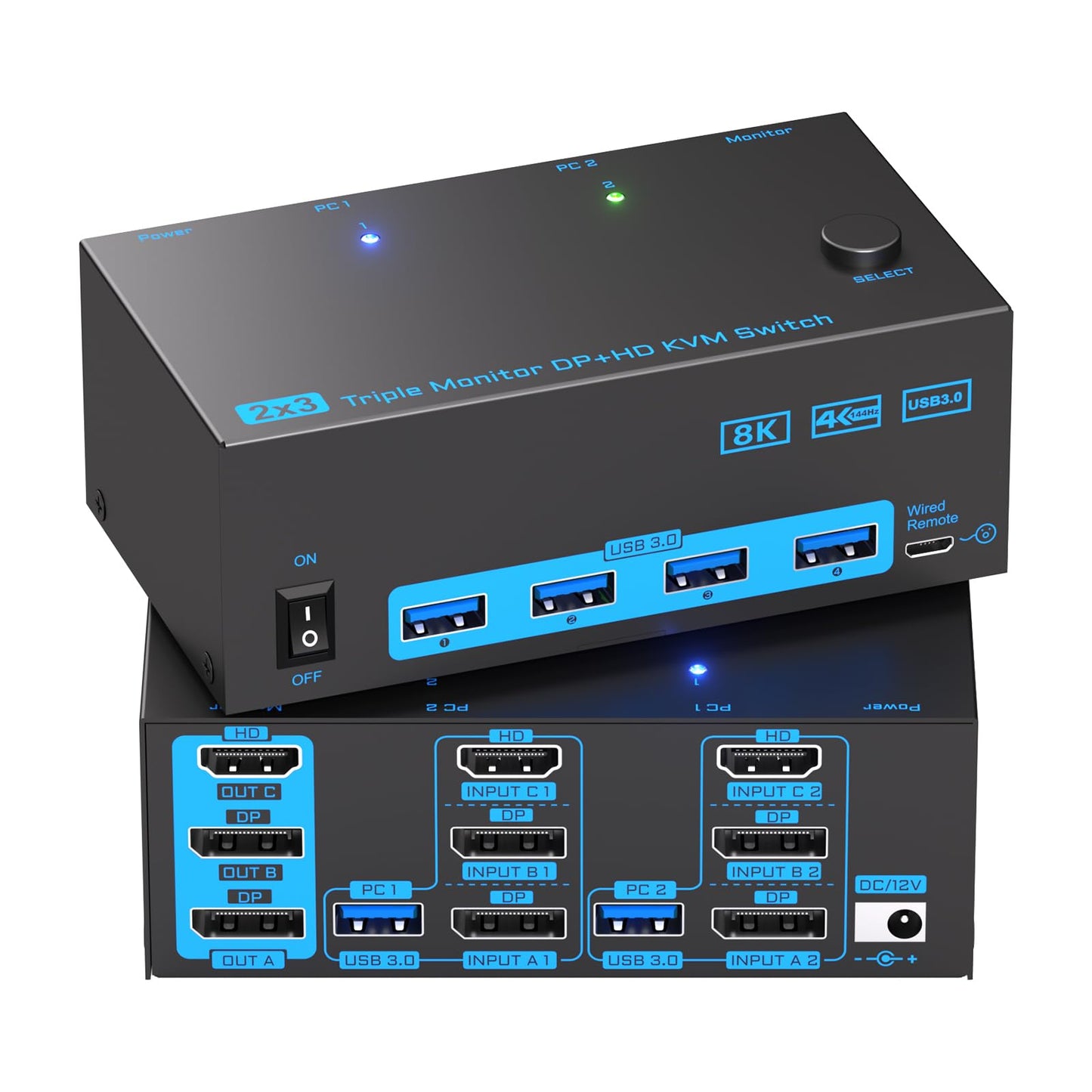 KVM Switch 3 Monitors 2 Computers, Reyoten 8K60Hz KVM Switches,3 Monitors 2 Computers HDMI DP Switch, 4K144Hz Switch for 2 PCs Share Monitor Keyboard
