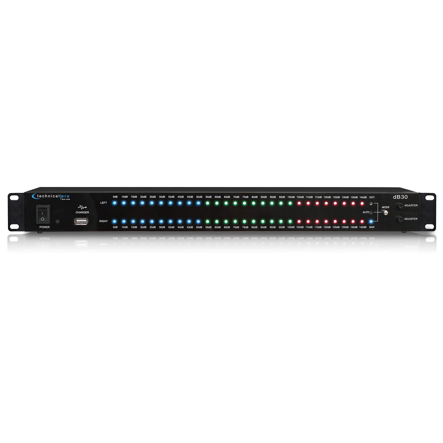 Technical Pro 1U Rack Mount DB Display with 8 Outlet Power Supply Surge Protector with 5V USB Charging Ports, Input, and Output RCA.