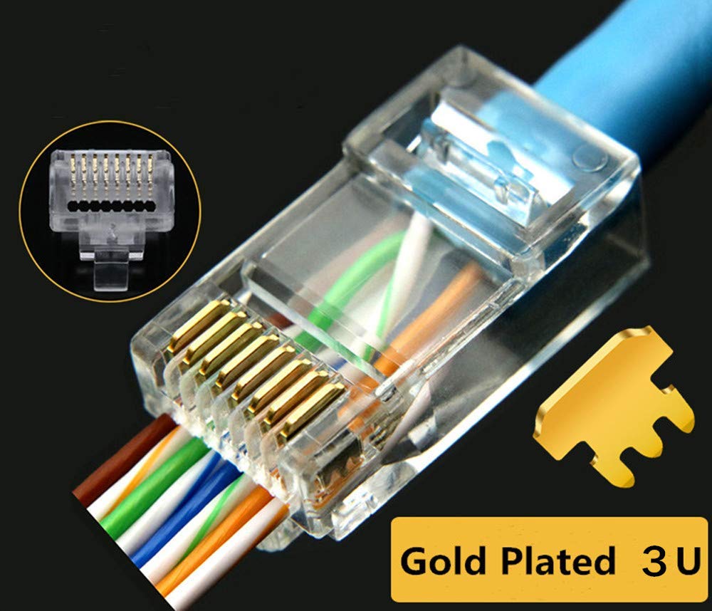 RJ45 CAT5 CAT5e Pass Through Connectors 50Pack End Ethernet 8P8C GoldPlated Modular Plug for Unshielded Twisted Pair Solid Wire Standard Cables