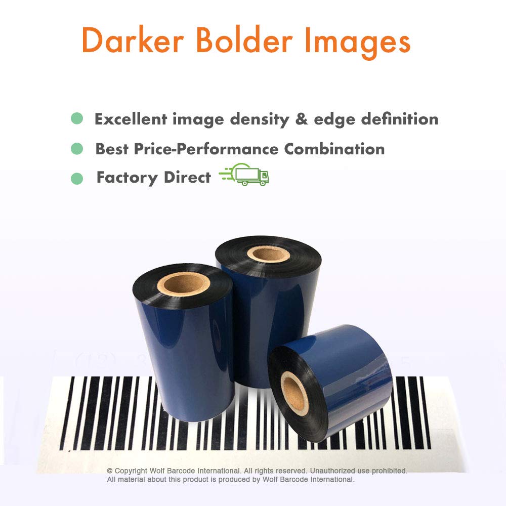 Wolfbarco 6 Rolls 4.33" x 984' (110mm x 300m) Premium Resin Enhanced Wax Thermal Transfer Ribbon 1" Core, Coated Side Out for Zebra Printers