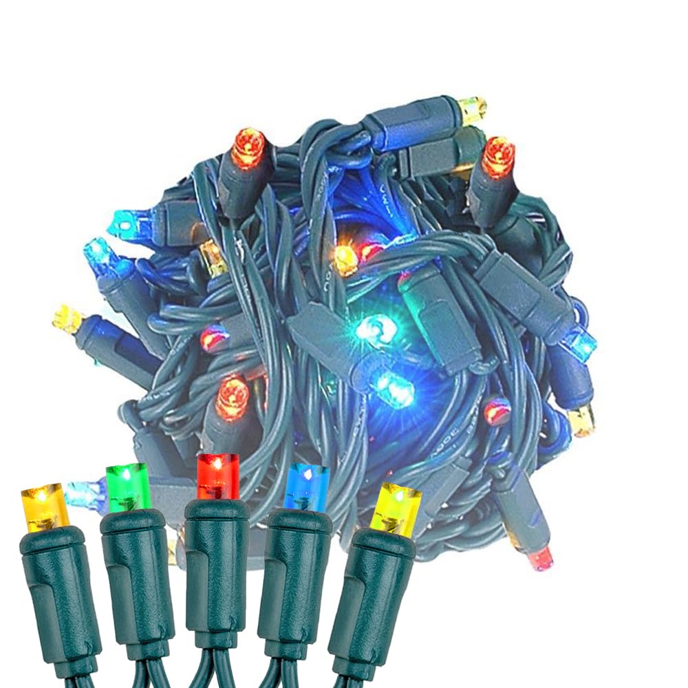Novelty Lights 17ft 50 LED Multicolor Christmas Lights Outdoor/Indoor, 4" Spacing, Green Wire String Lights for Festive Xmas Lighting, IP55, UL