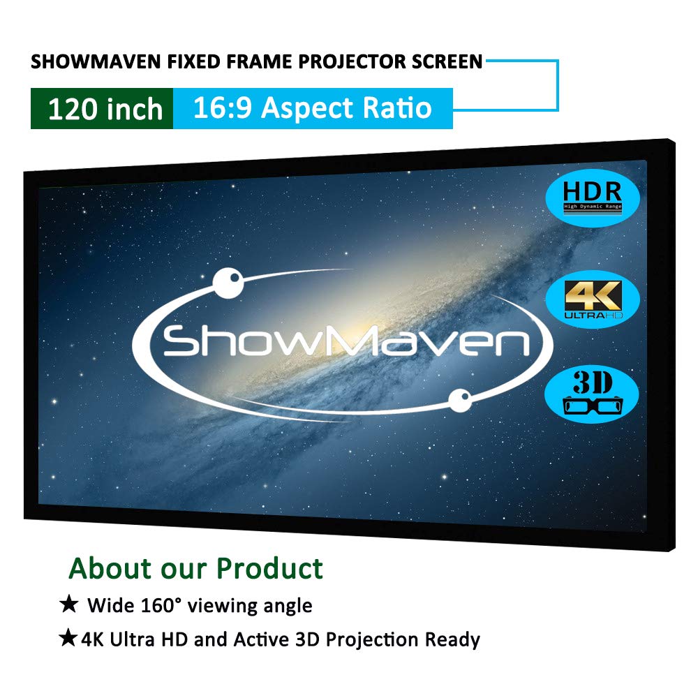 ShowMaven 100in /120in Fixed Frame Projector Screen, Diagonal 16:9, Active 3D 4K Ultra HD Projector Screen for Home Theater or Office (16:9, 120")