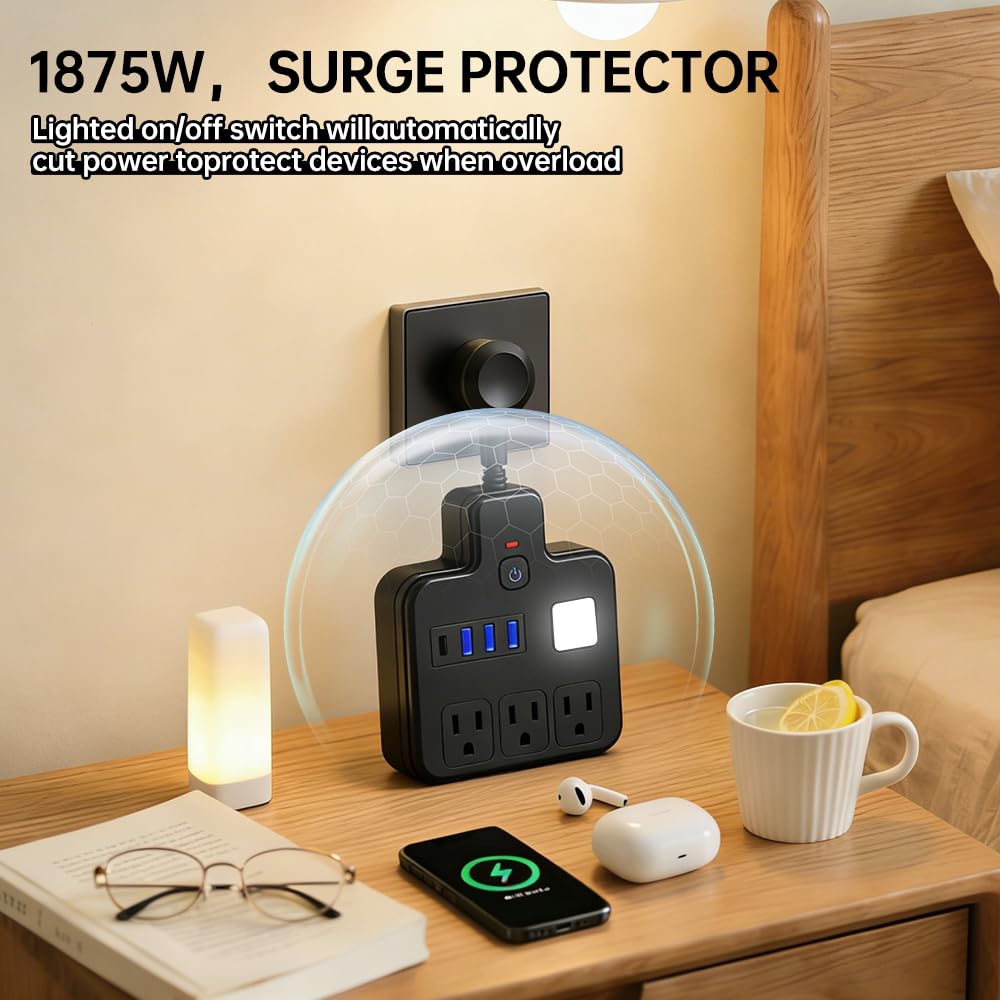 Short Extension Cord with USB Ports, Multi Plug Outlet Extender Surge Protector with 3 AC Outlets 4 USB (1 USB C 5V/1A), Flat Wall Charging Station