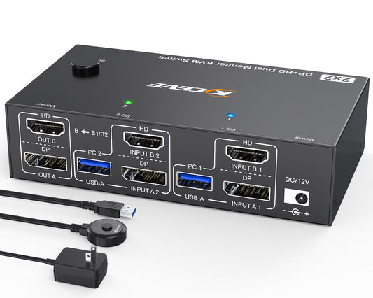 4K@144Hz KVM Switch 2 Monitors 2 Computers 8K@60Hz, MLEEDA HDMI and Displayport Dual Monitor KVM Switch with 4 USB 3.0 Port for Keyboard Mouse
