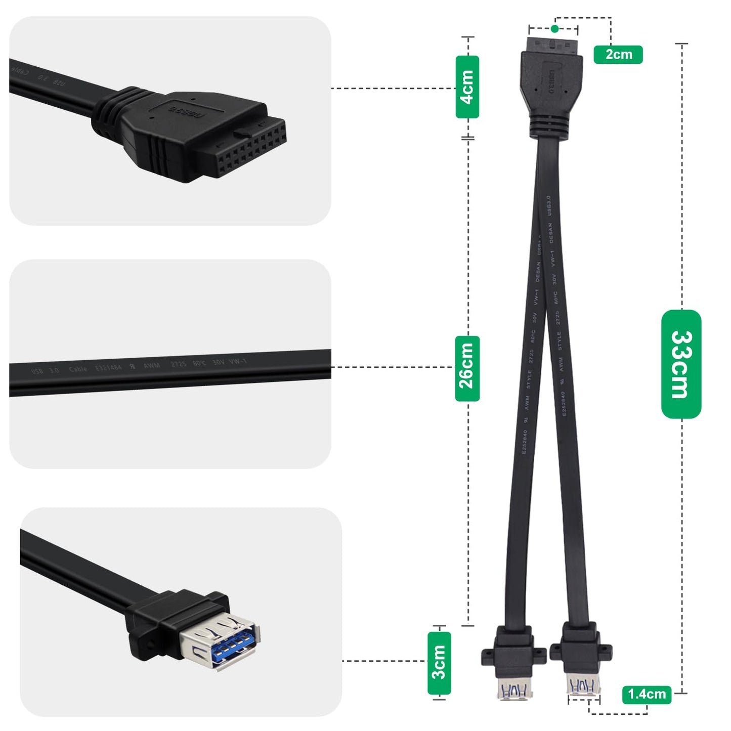 HuaLiSiJi USB 3.0 Front Panel Cable 5Gbps USB 3 0 Header Extension Cable 19/20 Pin USB 3.0 Front Panel Extension with Panel Mount Holes (30cm)