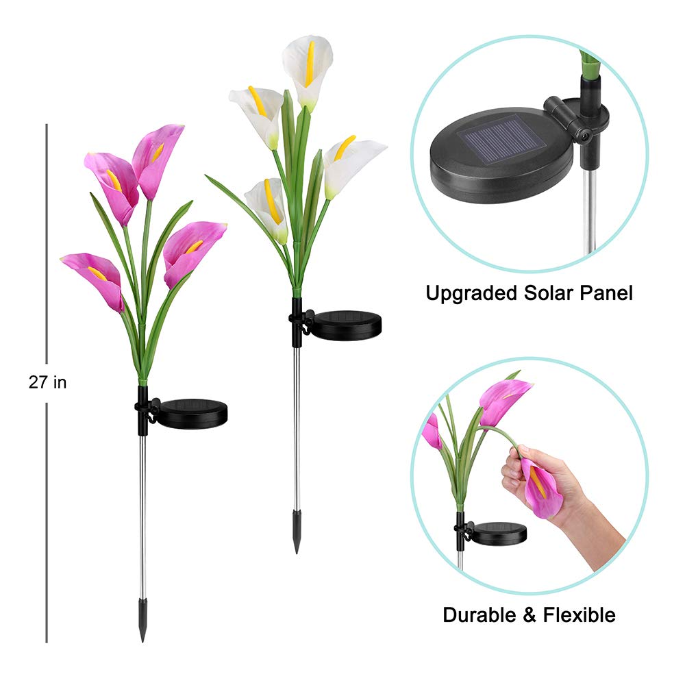 Aloudy Solar Garden Stake Lights: 3 Pack Outdoor Waterproof Calla Lily Flowers, 7 Color Changing LEDs for Garden, Patio, Backyard (Purple & White)