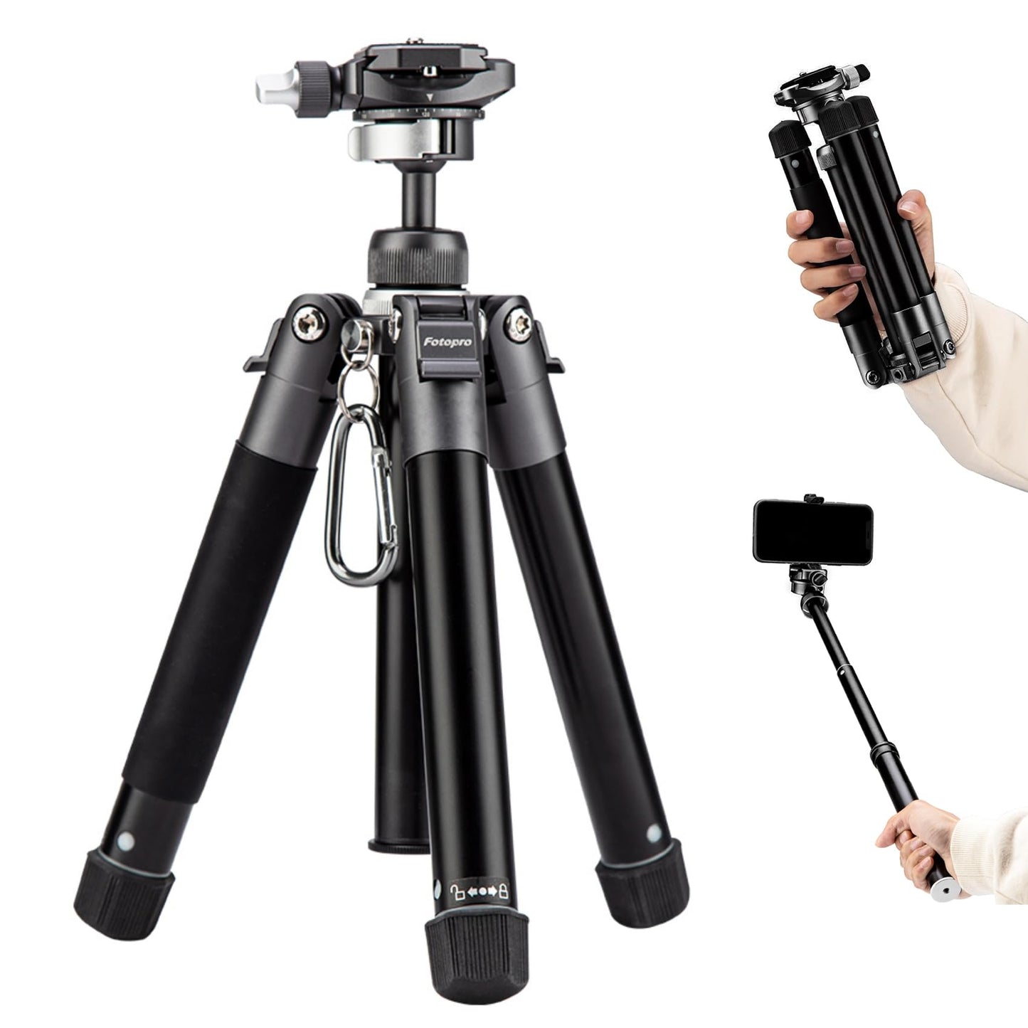 Fotopro Mini Tripod, 60" Lightweight Compact Travel Tripod with 360 Degree Ball Head Phone Mount Detachable Selfie Stick, Camera Phone Tripod Max Load