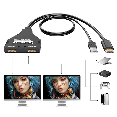 BATU HDMI Splitter 1 in 2 Out 4k 30hz HDMI Cable 2.0 Male to Dual Female with Power USB Cable for HD, LED, LCD, TV Dual Monitors Duplicated-Mirror