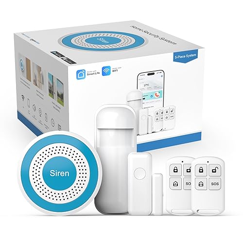 PGST Wireless Alarm System,Smart Home Security System with Tuya App Alerts,5 Pieces Door Alarms Kits Siren Hub with Door/Motion Sensors,Remote,Easy
