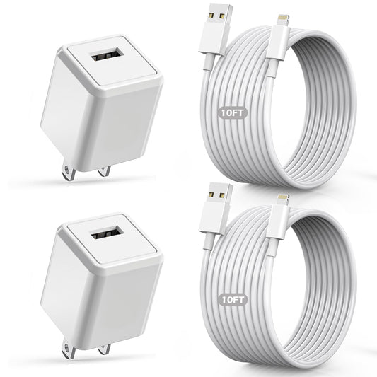 2Pack[Apple MFi Certified] iPhone Charger,10Feet Extra Long Lightning Cable Data Sync Transfer Cord with Portable Travel Charging Block Compatible…