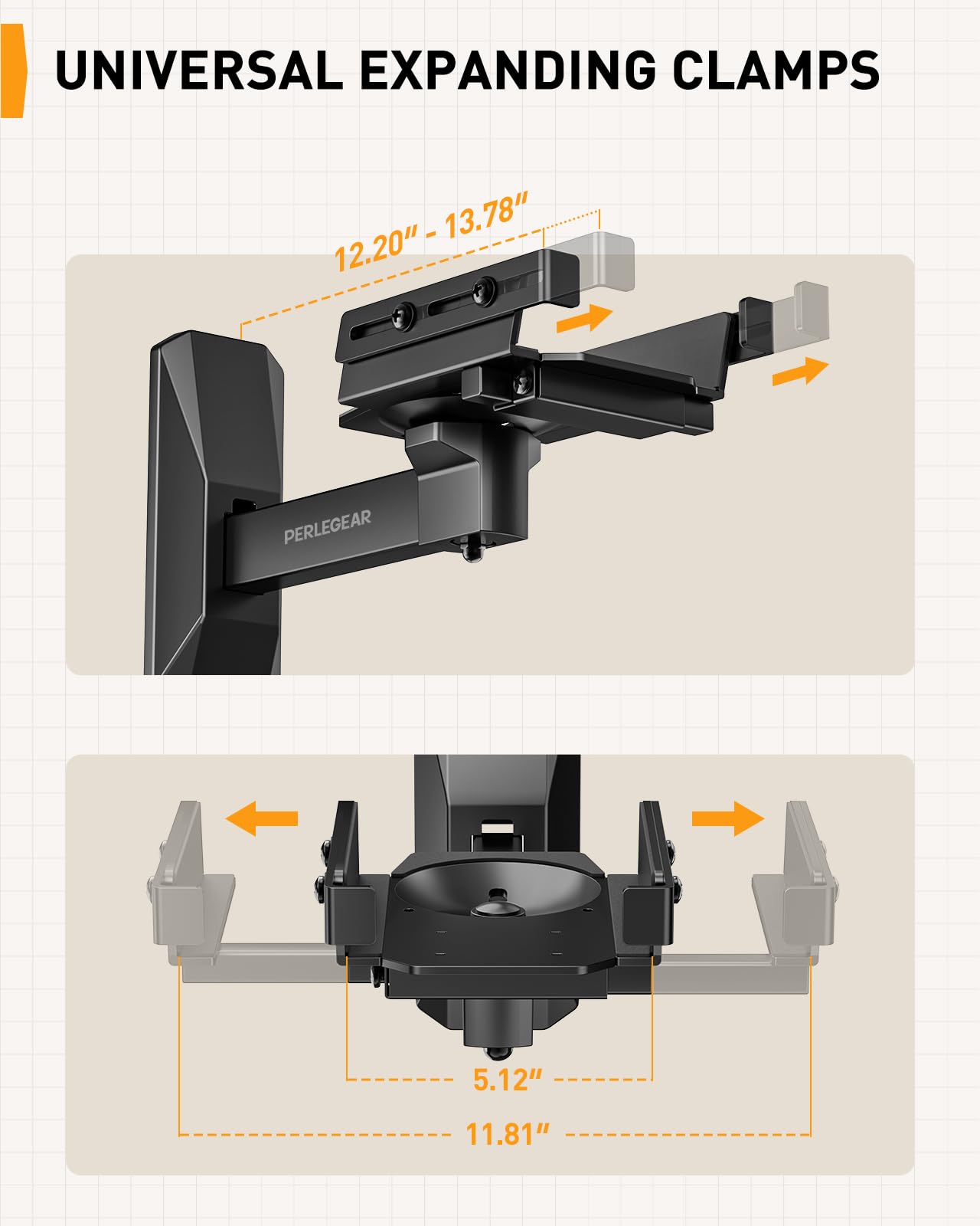 Perlegear Speaker Wall Mounts, Bookshelf Speaker Mounting Brackets with Dual Side Stable Clamp Design, Wide Tilt & Swivel Shelf for Large Surrounding