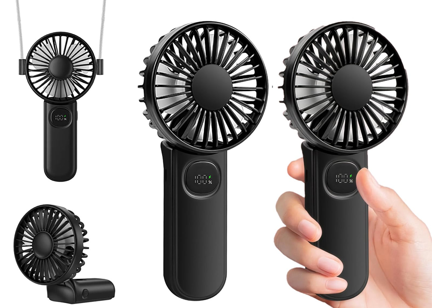 [2-packs Portable Handheld Fan] Personal Hand Held Fan for Travel, Foldable Eyelash Neck Fan with Digital Display, Lanyard, 5 Speeds, 180° Adjustable