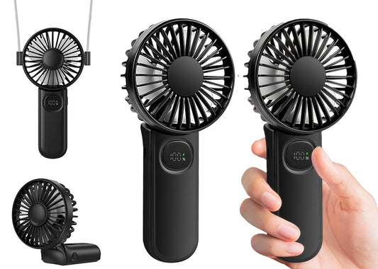 [2-packs Portable Handheld Fan] Personal Hand Held Fan for Travel, Foldable Eyelash Neck Fan with Digital Display, Lanyard, 5 Speeds, 180° Adjustable
