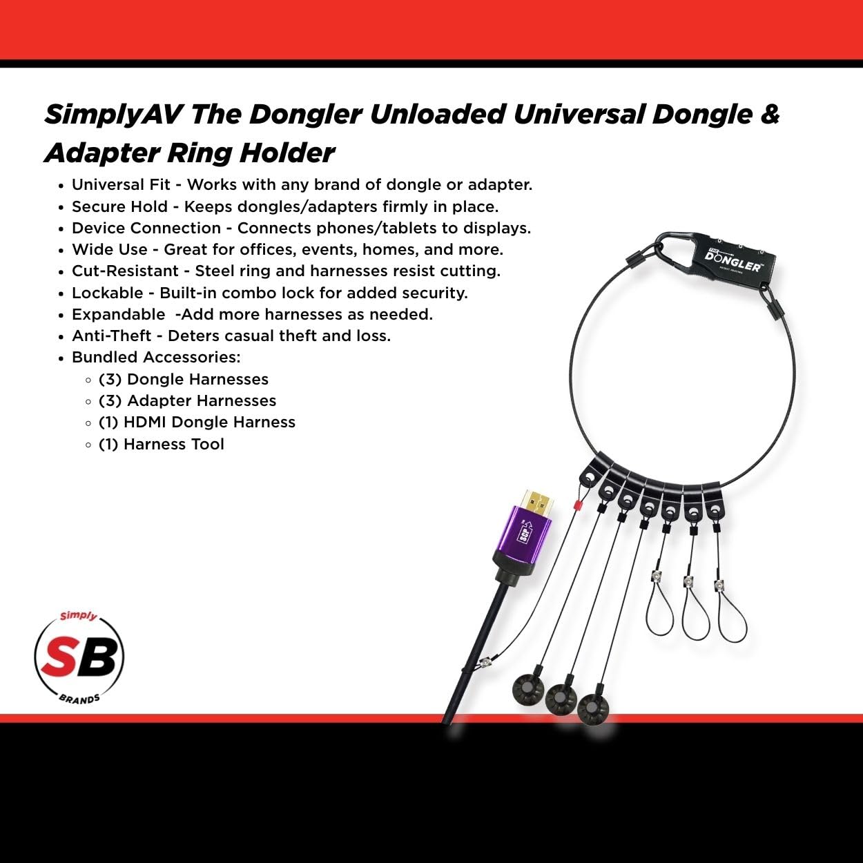 SimplyAV The Dongler Unloaded Universal Dongle & Adapter Ring Holder - Includes Combination Lock, 3 Dongle & Adapter Harnesses, 1 HDMI Harness