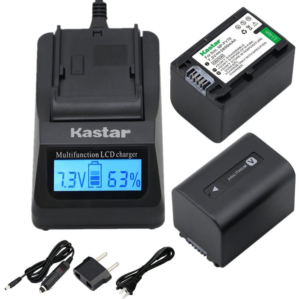 Kastar Ultra Fast Charger Kit and Battery (2-Pack) for Sony NP-FV70 CB-TRV & Sony FDR-AX53, HDR-CX675, HDR-CX455, HDR-CX900, TD30V, HDR-PV710V