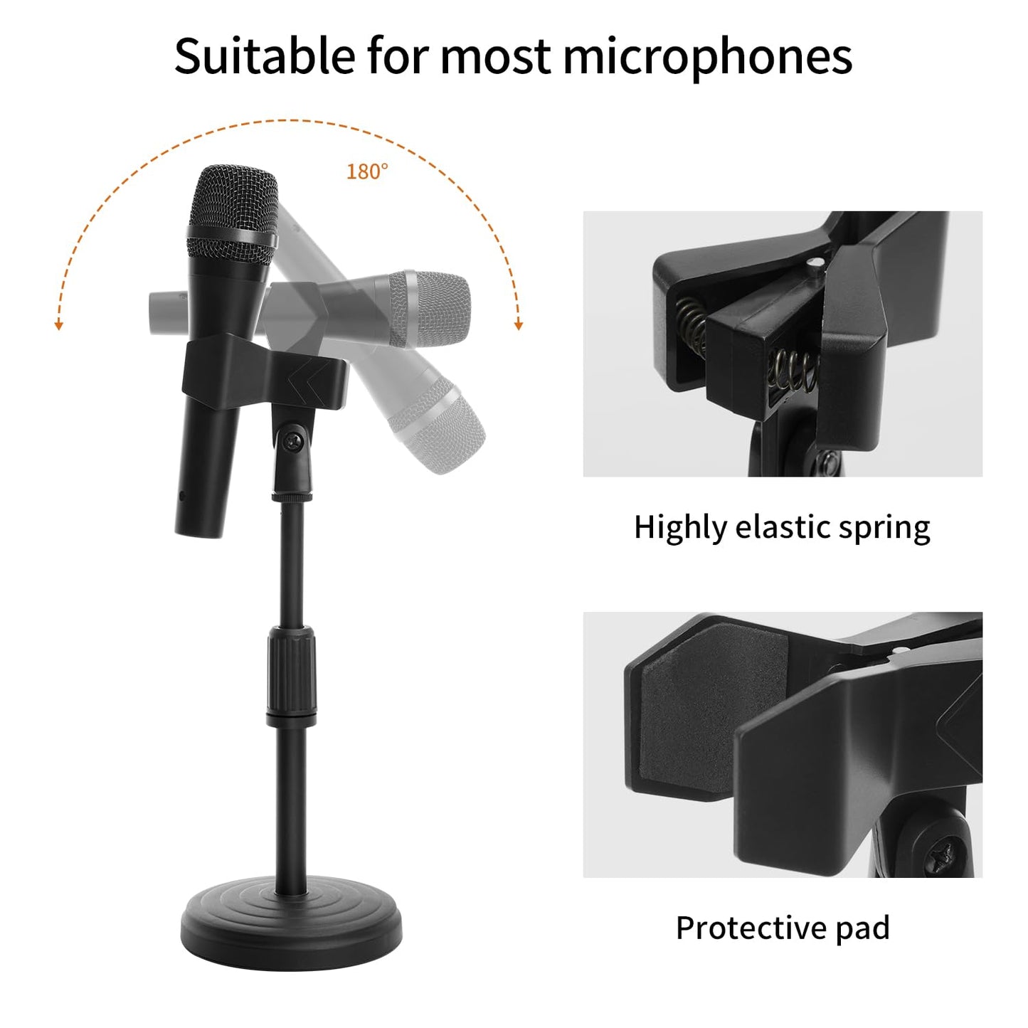 Desk Mic Stand - Upgraded Adjustable Table Microphone Stand with Mic Clip Compatible with Max 1.7 inch Diameter Microphone - Height 9.6 to 13.9 inch