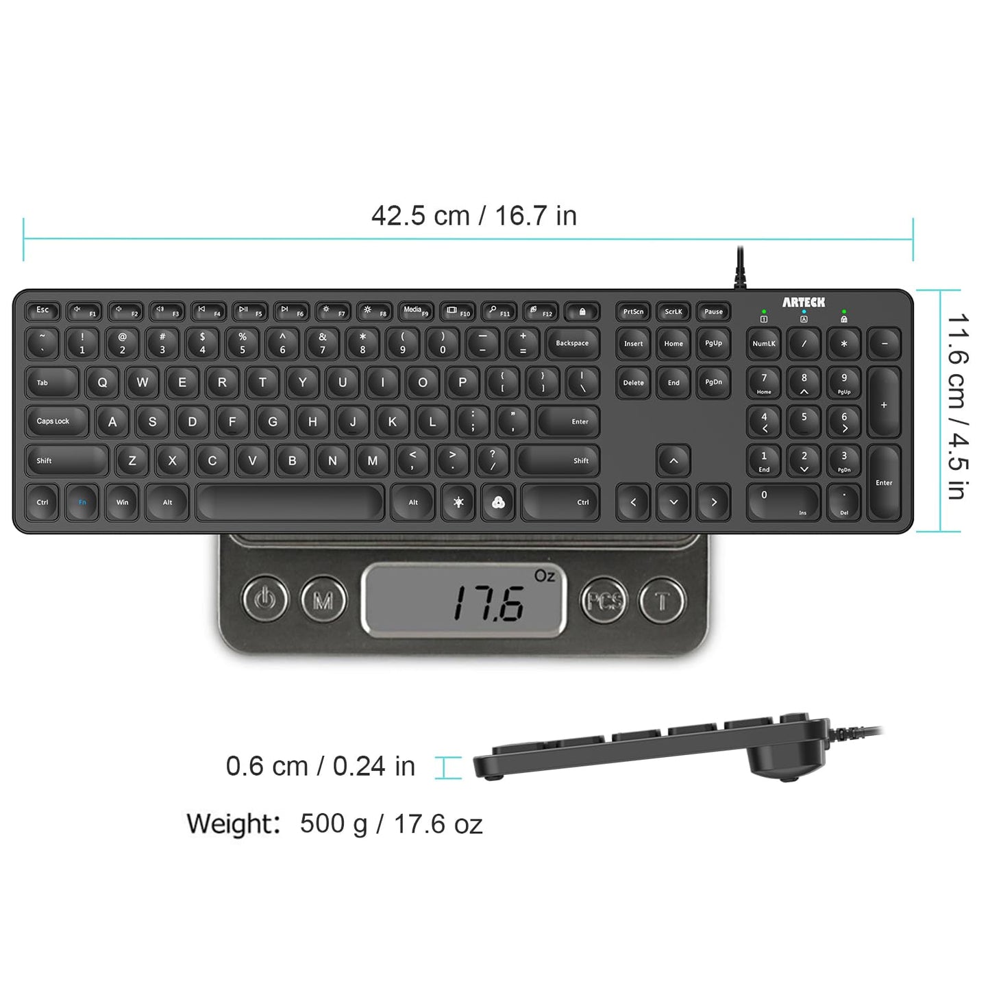 Arteck Backlit USB Wired Full Size Keyboard with Media Hotkey for PC and Laptop