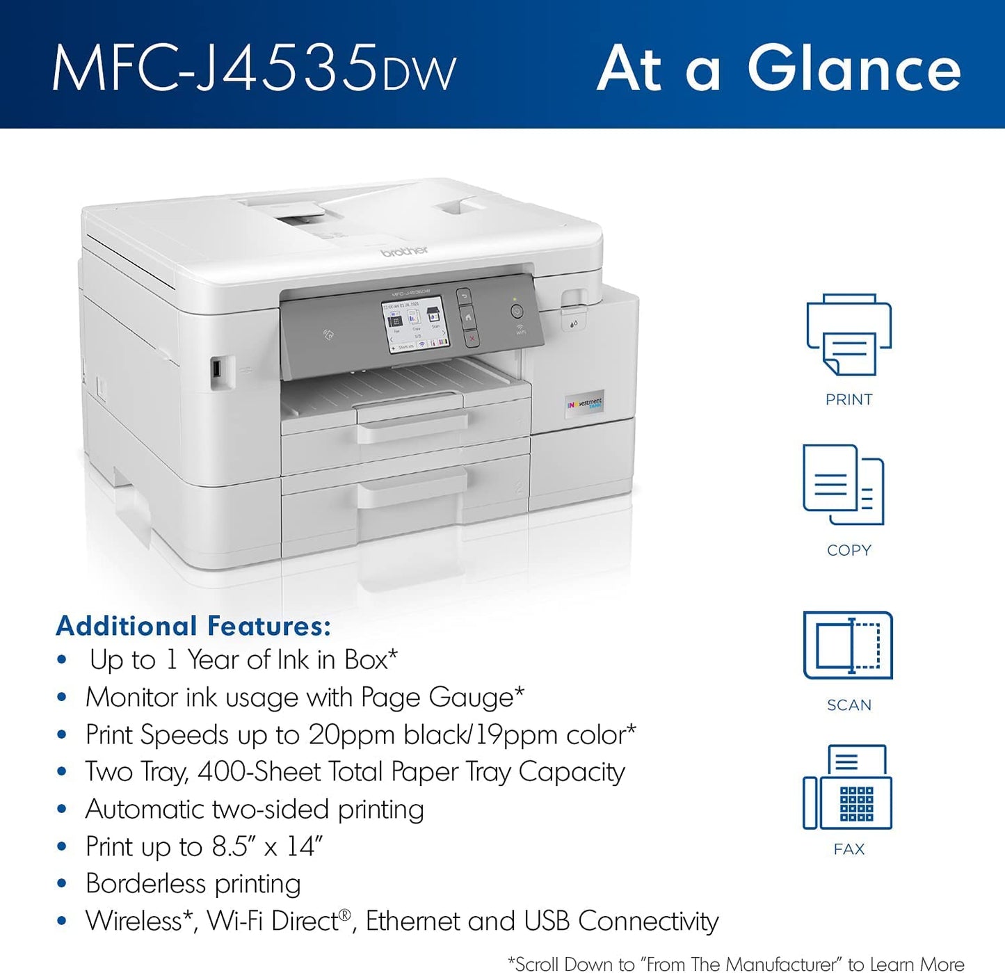 Brother MFC-J4535DW INKvestment Tank All-in-One Color Inkjet Printer with NFC, Duplex and Wireless Printing Plus Up to 1-Year of Ink in-Box, Works