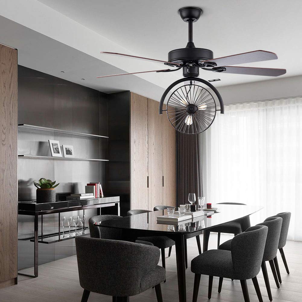 US DELIVER Crystal Ceiling Fan Industrial Chandelier with 3-Lights- 5 Reversible Wood blade for Living Room（ 52 Inch）