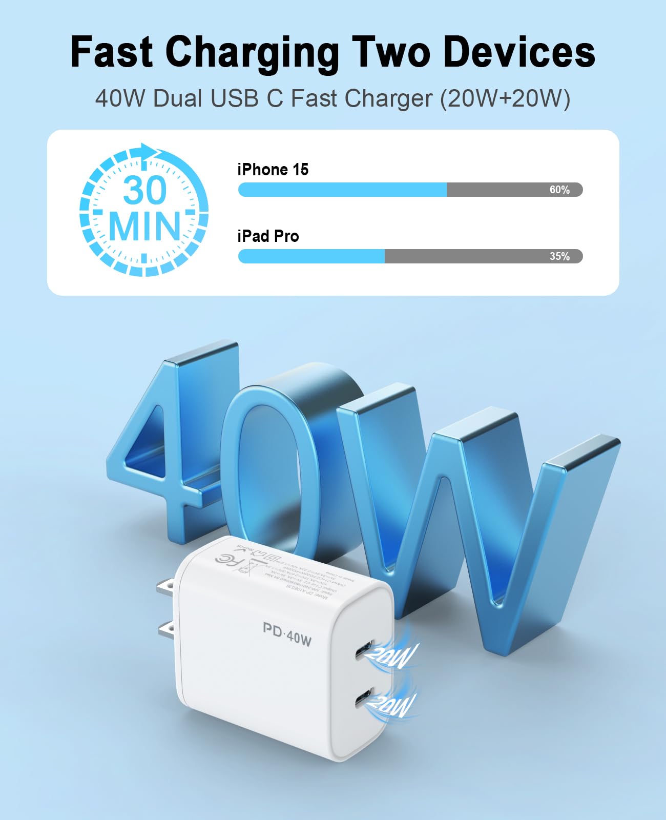 iPhone 17 16 15 Charger, 4 Pack 40W USB C Charger Dual Port Fast Charging Block (4-Pack 6 ft USB C to C Cable Cord Included) for iPhone 17 16 15 Pro